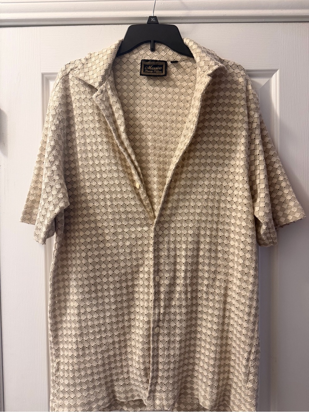 Massive luxury Cream Short-Sleeve Textured Button-Down Shirt